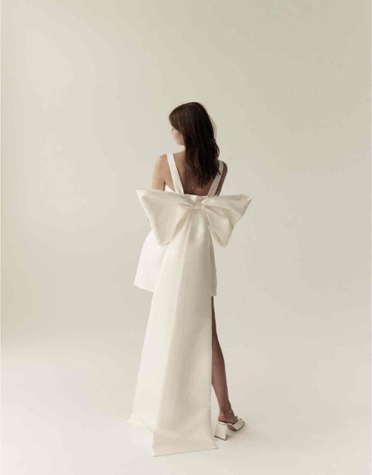 Wedding Dress Square Neck White Satin Short with Bow Back