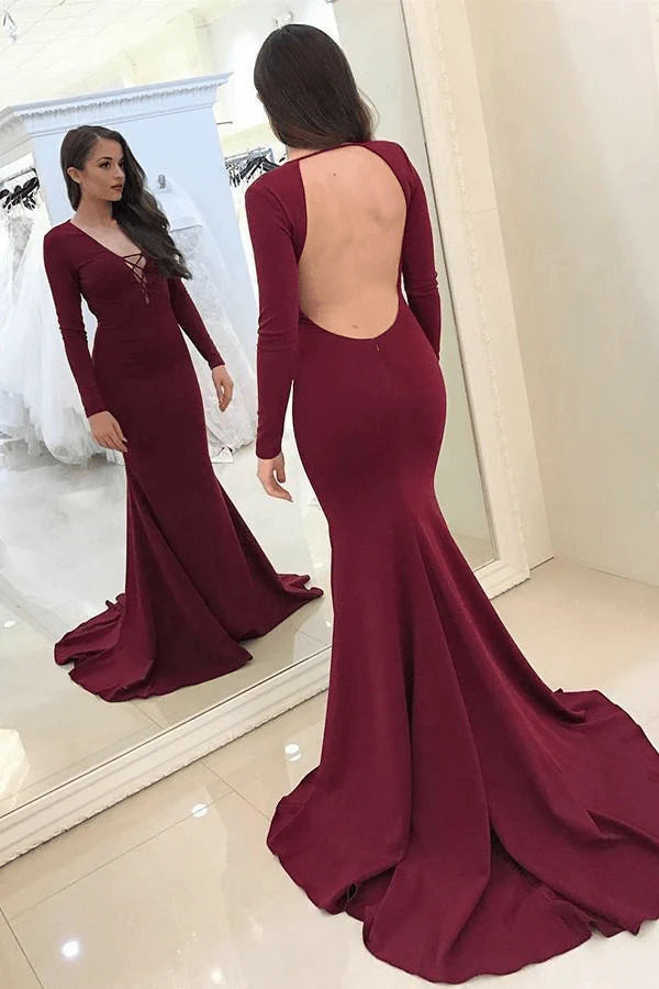 Prom Dresses Satin Fabulous Deep V-neck Long Sleeve Sexy 