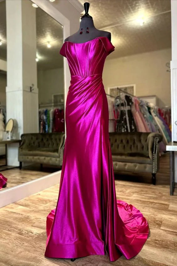 Satin Off The Shoulder With Slit Prom Dresses