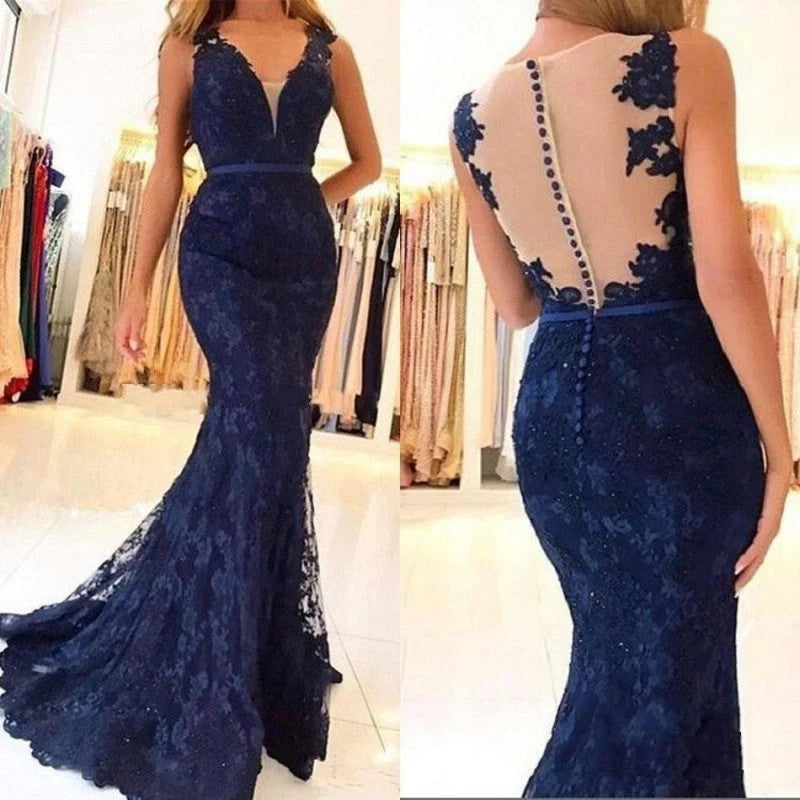 Prom Dresses Sexy Mermaid Lace V Neck Beads Sleeveless Long