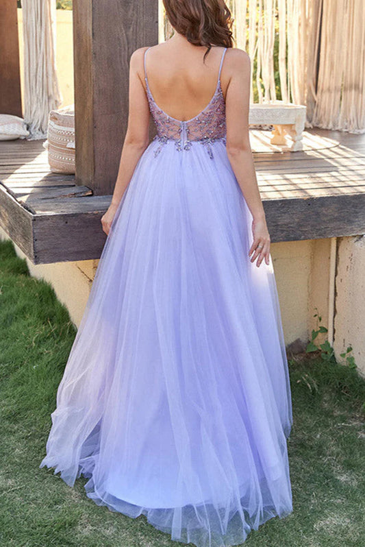 Sexy Spaghetti Straps Tulle V Neck Beaded Sleeveless Prom Dresses
