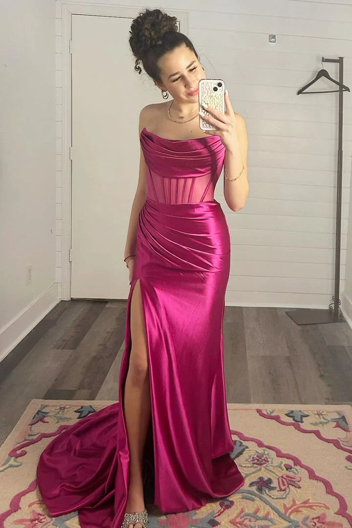 Prom Dress Sheath Satin Strapless Pleated Long with Slit