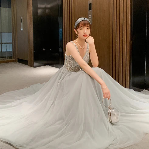 Grey V Neck Beaded Bodice Tulle A Line Prom Dress