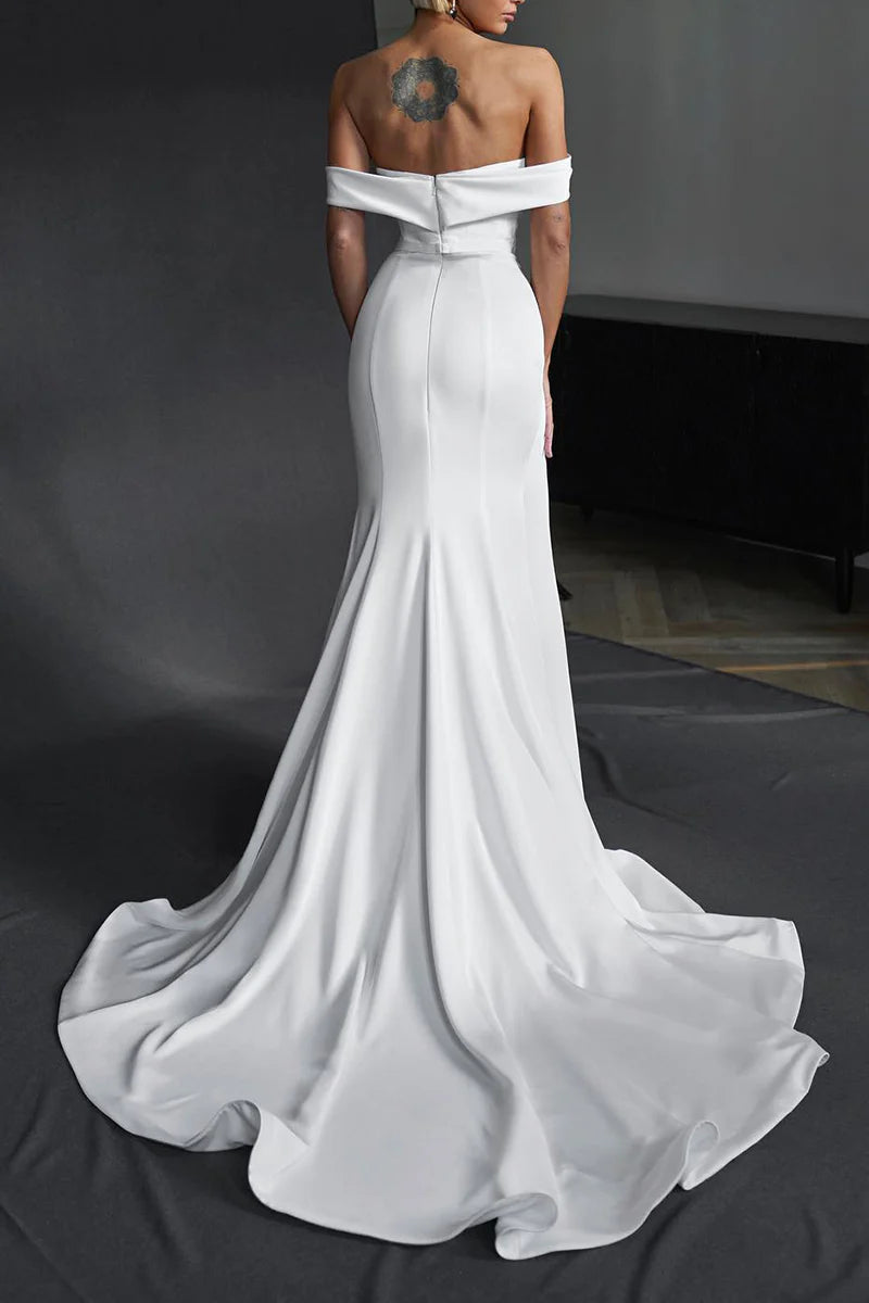 Sleek Mermaid Off Shoulder Short Sleeve Zipper Back Train Length Wedding Dress