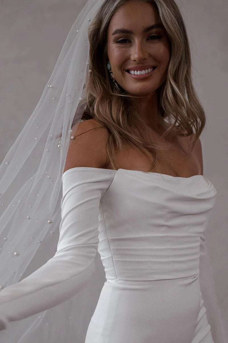 Sleek Mermaid Off-The-Shoulder Long-Sleeve Open-Back Train-Length Wedding Dress