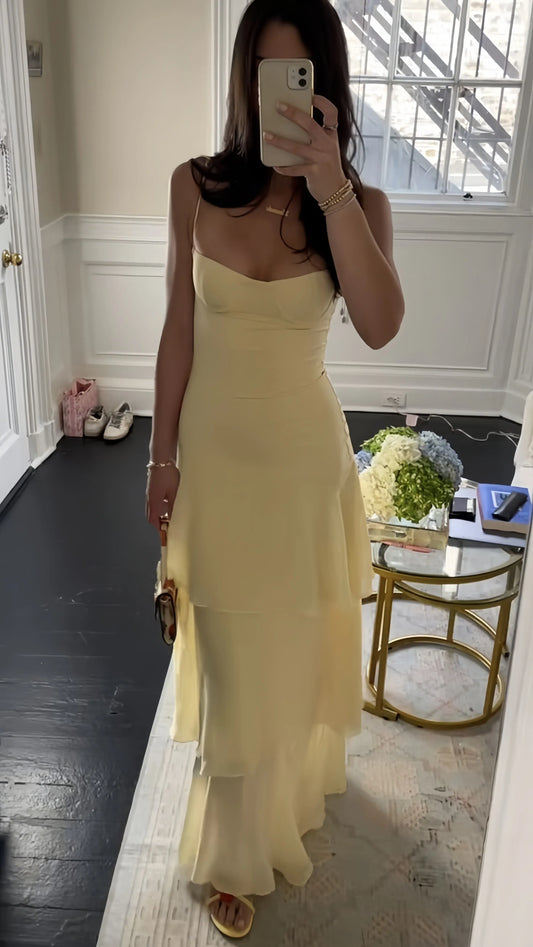 Soft Sheath Cowl-neck Spaghetti-strap Solid-back Floor-length Tiered Prom Dress