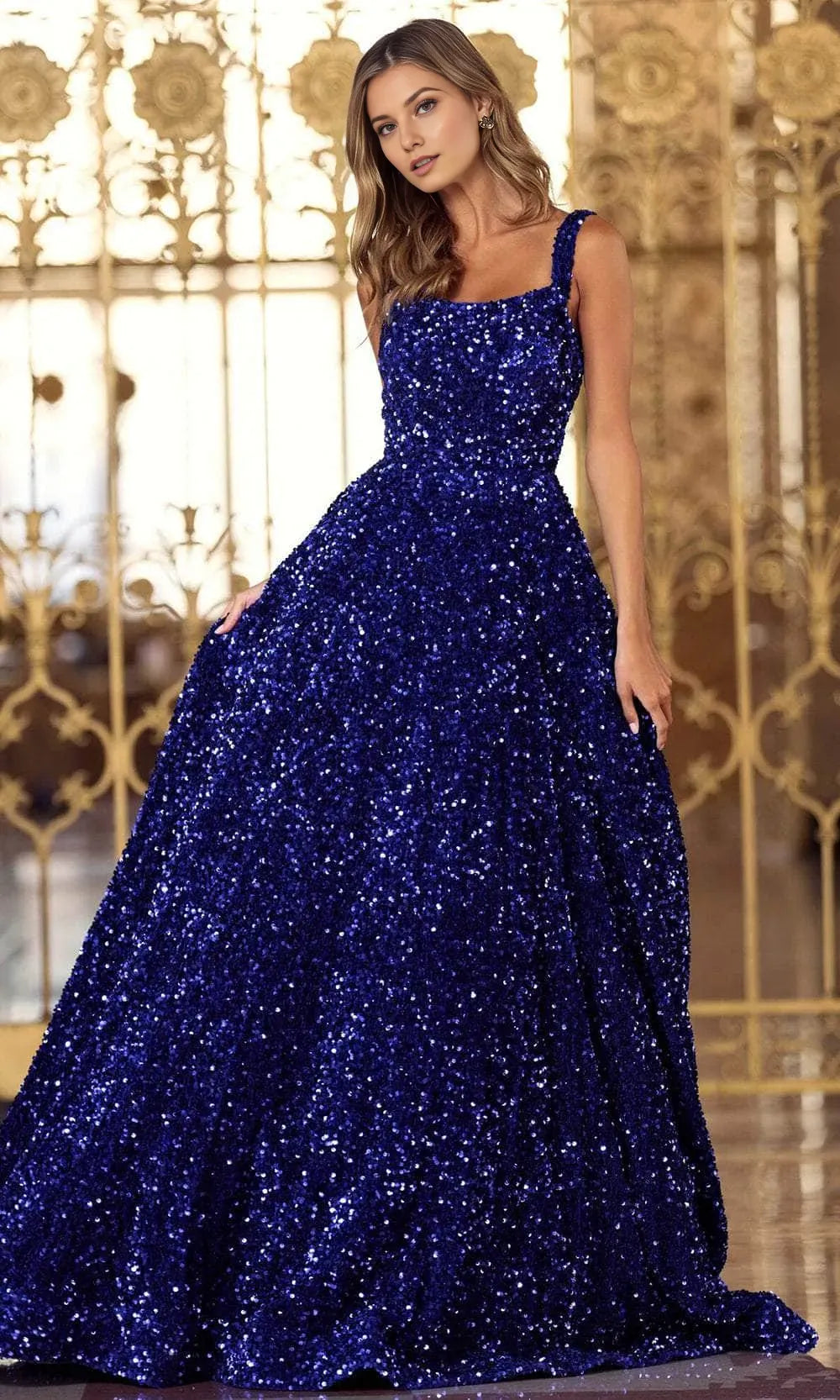 Sparkling Ballgown Square Neck Sleeveless Open Back Train Length Prom Dress