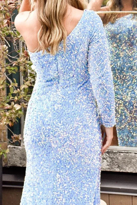 Elegant light blue sequin prom dress with one-shoulder long sleeve and high slit detail.