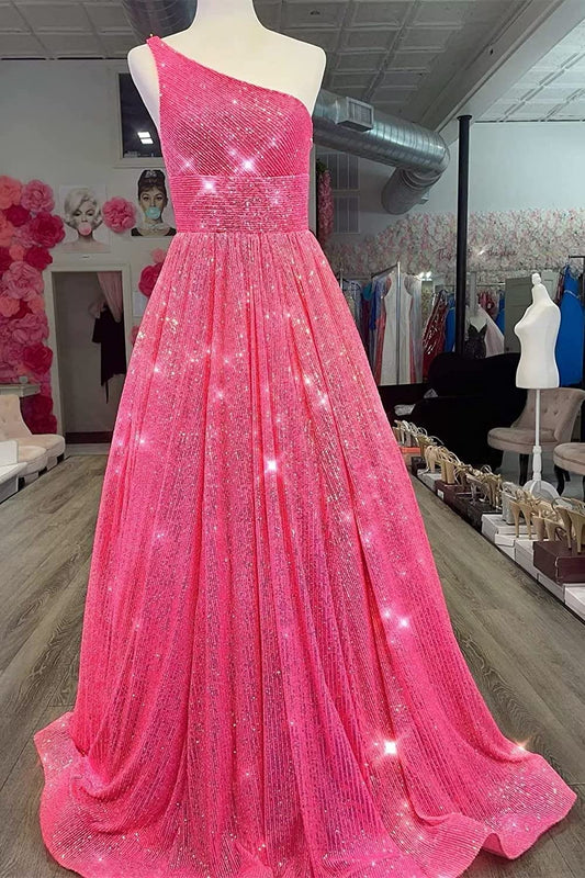 Sparkly A Line One Shoulder Sequin Long with Pockets Prom Dresses