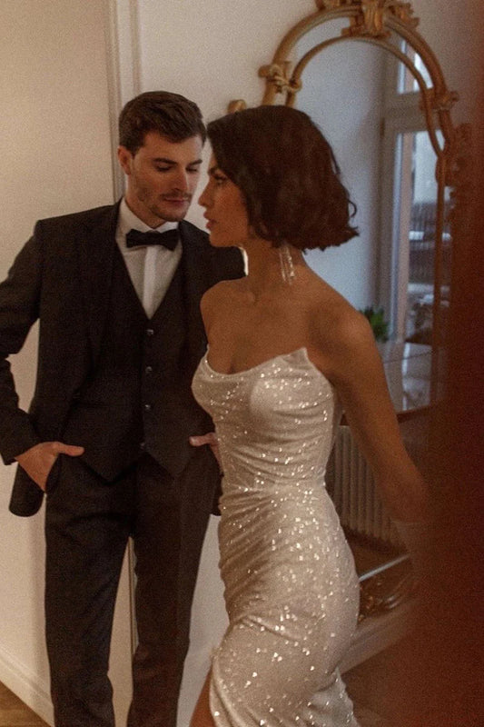 Sparkly Mermaid Strapless Sleeveless Lace Up Back Floor Length Wedding Dress
