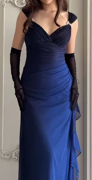 Sparkly Ombre Blue Mermaid Sweetheart Cap Sleeve Ruched Ruffle Floor-Length Prom Dress.
