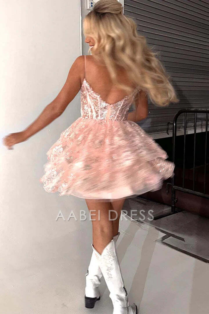 AABEI DRESS New Homecoming Dress Cute Sparkly Lace A-Line Sweetheart Sleeveless Tiered Exquisite Short Prom Dresse
