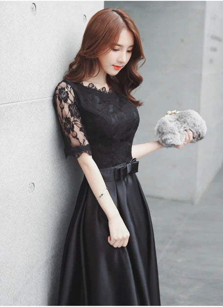 Black Lace Satin A Line Midi Evening Dress Half Sleeve Corset Back