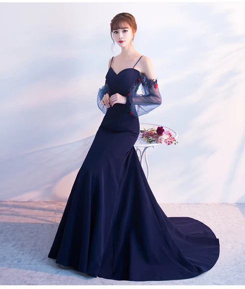 Navy Off Shoulder Puff Tulle Sleeve Mermaid Evening Gown