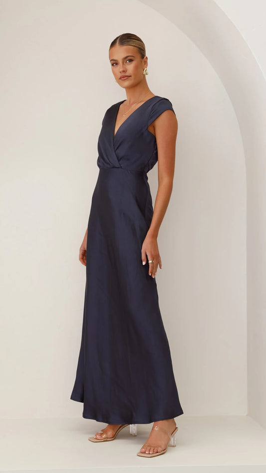 Timeless A-Line Deep V Cap Sleeve Ruched Back Floor Length Evening Dress