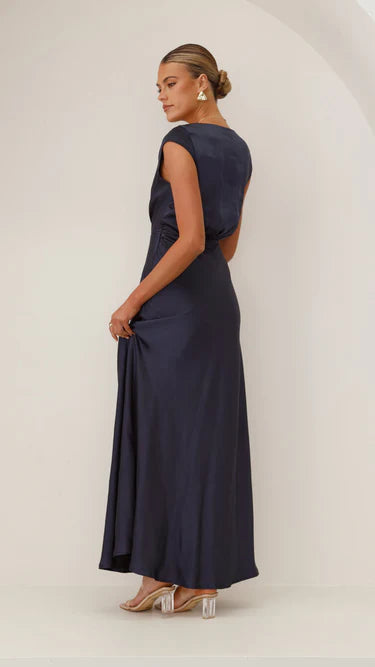 Timeless A-Line Deep V Cap Sleeve Ruched Back Floor Length Evening Dress