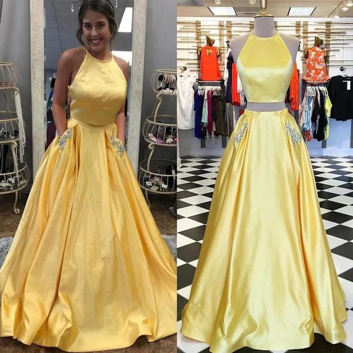 Prom Dresses Halter Open Back Evening Dresses with Pockets Two Pieces