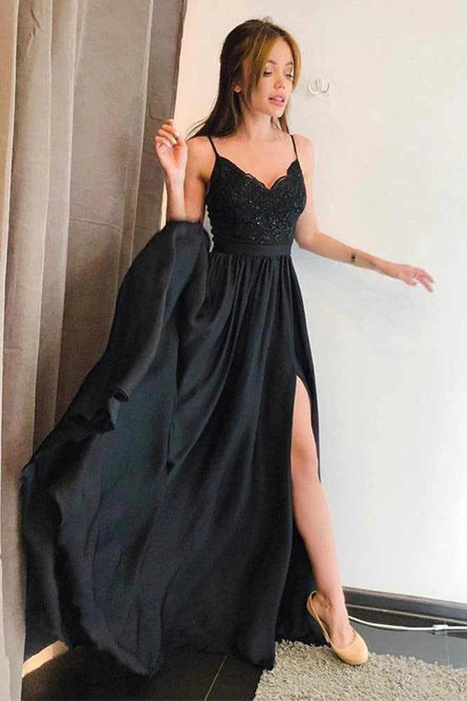 Spaghetti Straps Lace Satin Sweetheart Side Slit Prom Dresses