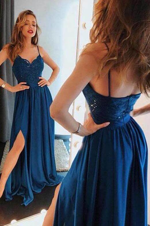 Spaghetti Straps Lace Satin Sweetheart Side Slit Prom Dresses
