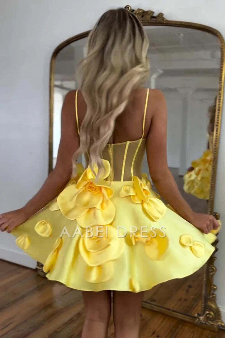 AABEI DRESS New Homecoming Dress Unique A-Line V-Neck Spaghetti Strap Sleeveless 3D Florals Backless Intricate Short Prom Dresse