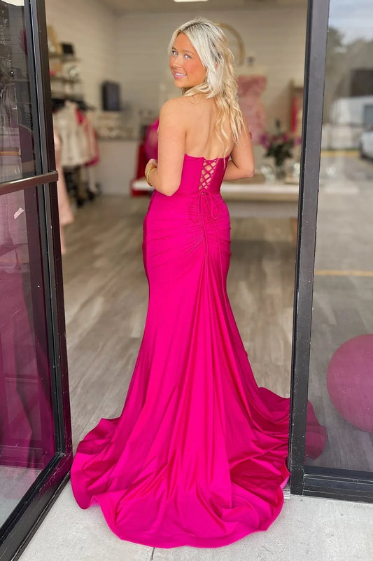 Vibrant Fuchsia Mermaid Sweetheart Lace-Up High Slit Prom Dress.