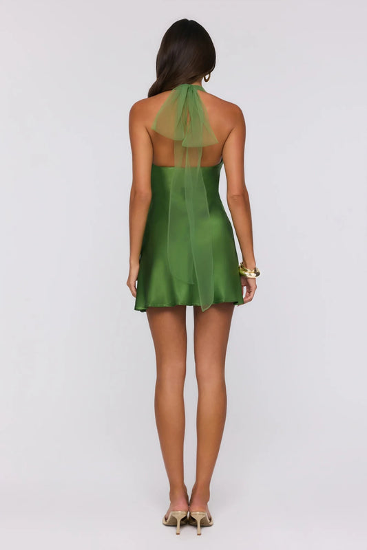Green Satin A-Line Halter neckline Backless Short Dress
