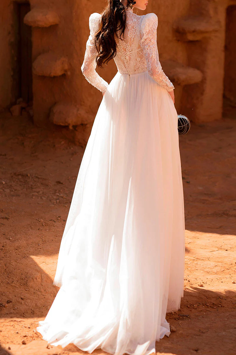 Vintage A-Line High-Neck Puffed-Sleeve Open-Back Train-Length Wedding Dress