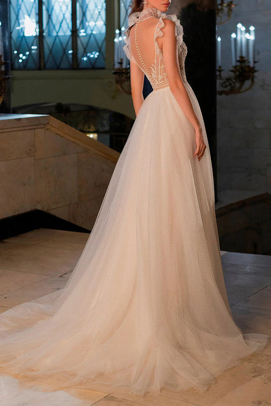 Vintage A-Line Illusion-Neck Cap-Sleeve Open-Back Train-Length Wedding Dress