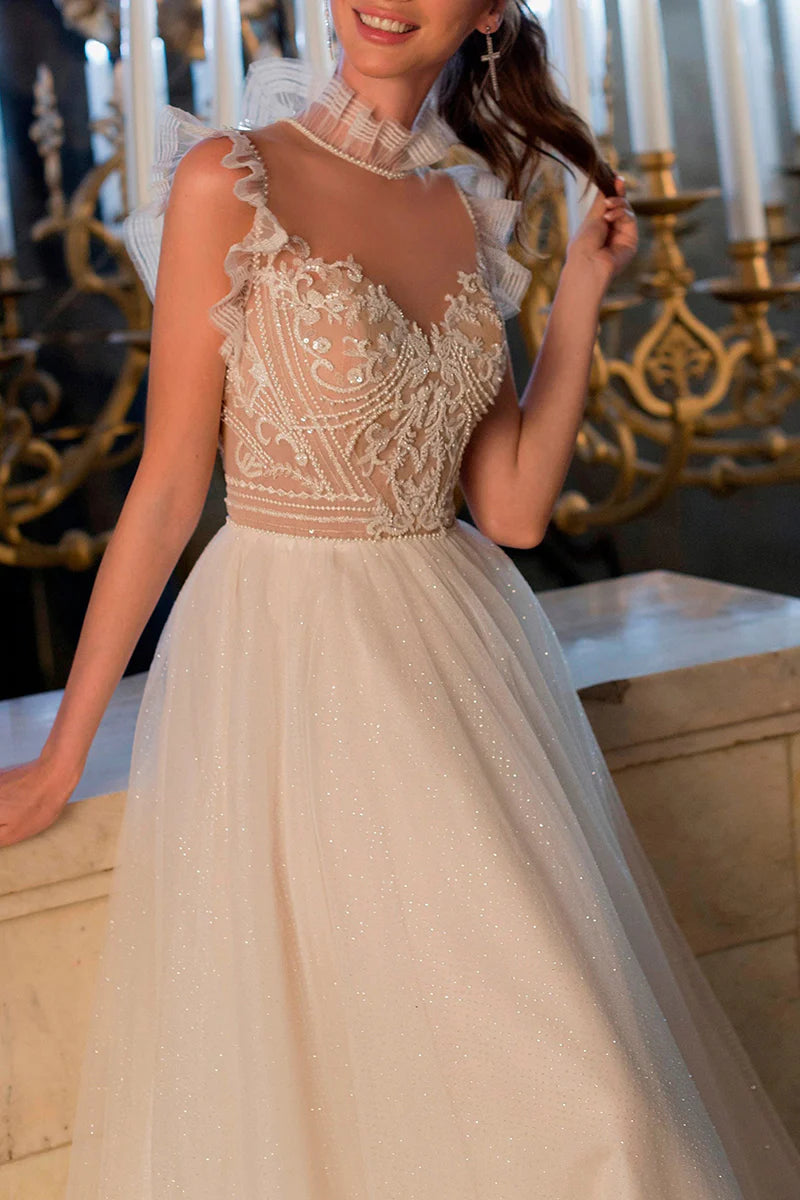 Vintage A-Line Illusion-Neck Cap-Sleeve Open-Back Train-Length Wedding Dress