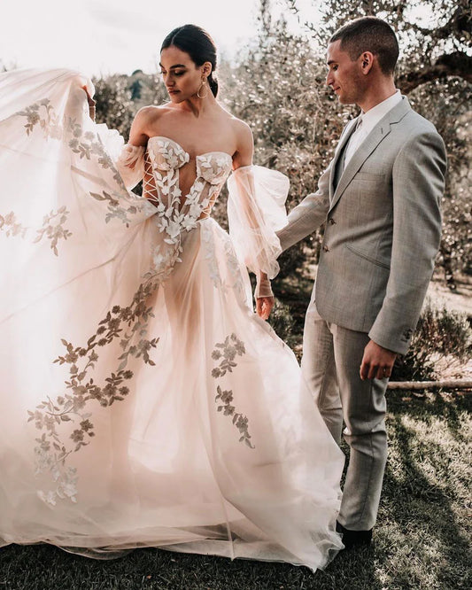 Vintage A-Line Plunge-V-Neck Cap-Sleeve Open-Back Train-Length Wedding Dress