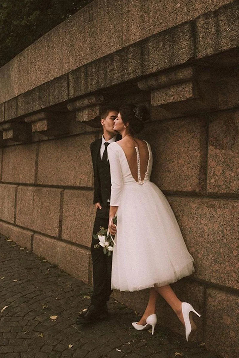 Vintage A-Line Plunge-V Neck Long Sleeve Button Back Tea Length Wedding Dress