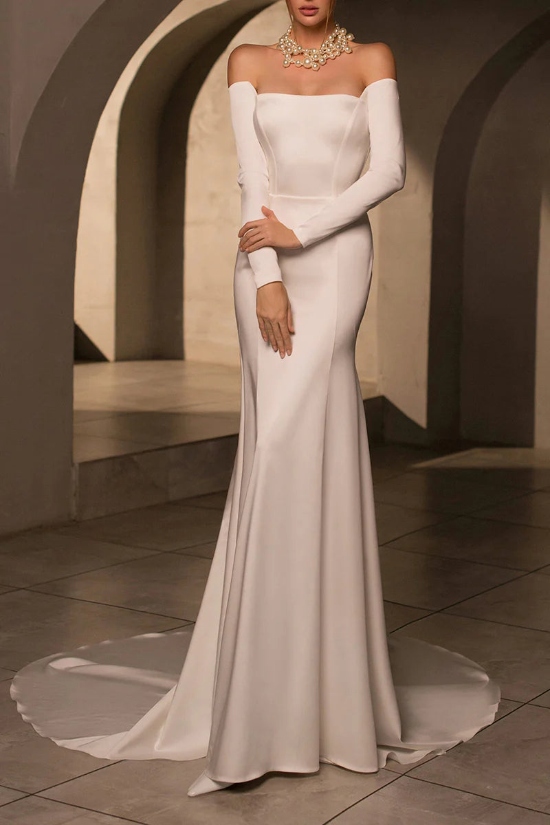 Vintage Mermaid Off-The-Shoulder Long-Sleeve Open-Back Train-Length Wedding Dress