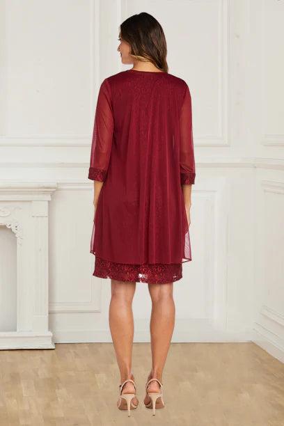 Mother Of The Bride Dress Vintage Two Piece Lace Burgundy Sheath/Column 3/4 Sleeves With Beaded
