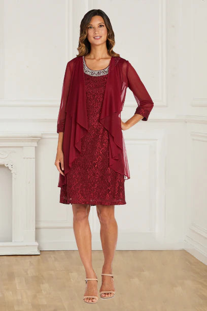 Mother Of The Bride Dress Vintage Two Piece Lace Burgundy Sheath/Column 3/4 Sleeves With Beaded