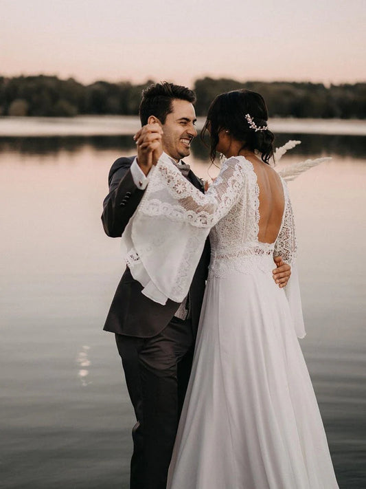 Chiffon Open Back Long Sleeves Simple A Line V Neck Lace Wedding Dress  
