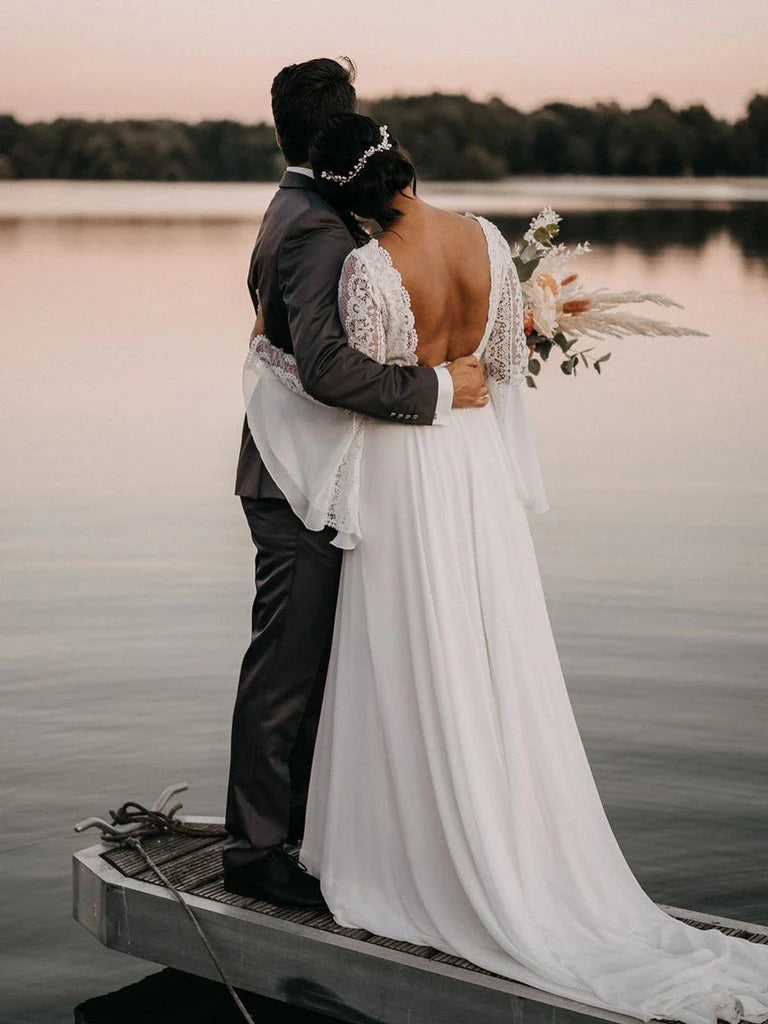 Chiffon Open Back Long Sleeves Simple A Line V Neck Lace Wedding Dress  