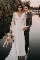 Chiffon Open Back Long Sleeves Simple A Line V Neck Lace Wedding Dress  