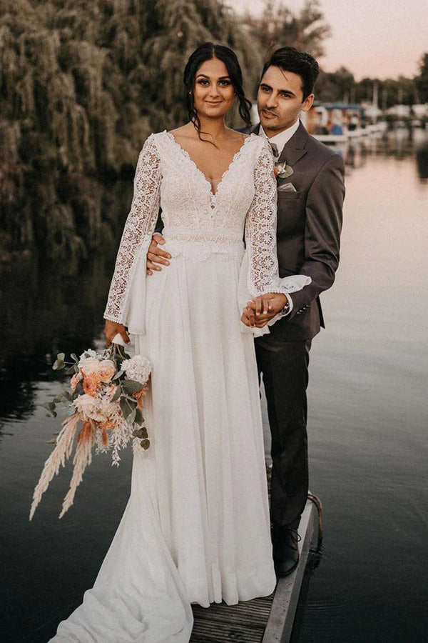 Chiffon Open Back Long Sleeves Simple A Line V Neck Lace Wedding Dress  