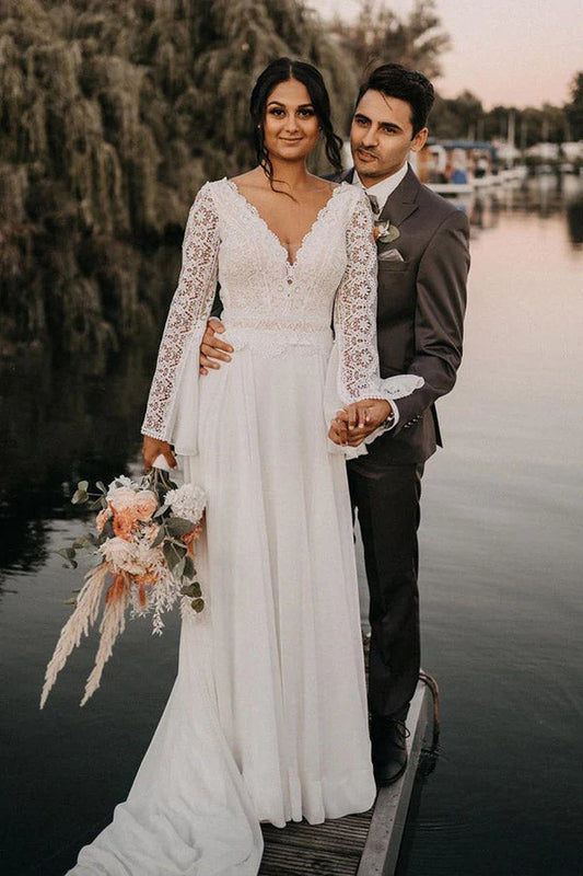 Chiffon Open Back Long Sleeves Simple A Line V Neck Lace Wedding Dress  