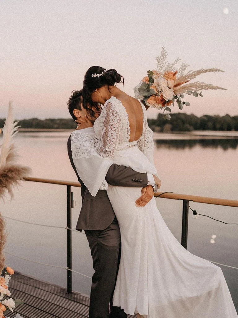 Chiffon Open Back Long Sleeves Simple A Line V Neck Lace Wedding Dress  