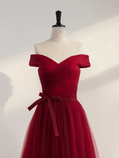 Burgundy Off The Shoulder Tulle Prom Dress Pleated Bodice With Bow Sash