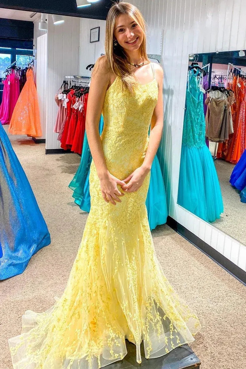 Yellow Lace Spaghetti Strap Lace-Up Back Mermaid Prom Dress