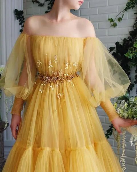 Yellow Off-the-Shoulder Puff Sleeve Tiered Tulle A-Line Prom Dress
