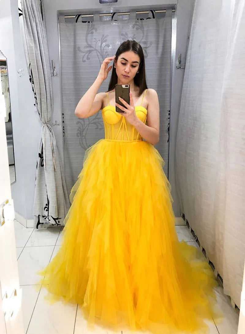 Yellow Spaghetti Strap Corset Tiered Tulle A-Line Prom Dress