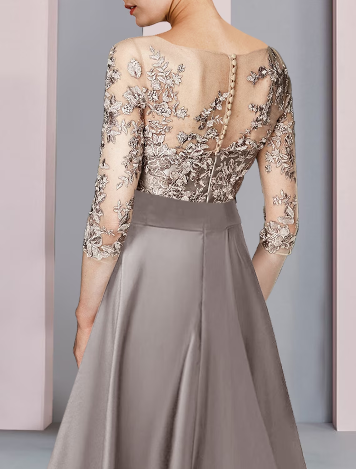 Two Piece A-Line Mother of the Bride Dress Formal Church Party Elegant Scoop Neck Tea Length Satin Lace Half Sleeve with Appliques