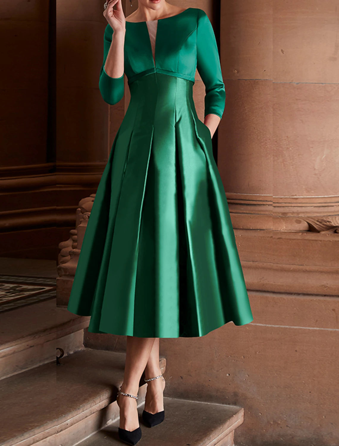 A-Line Cocktail Dresses Minimalist Dress Christmas Red Green Dress Wedding Guest Tea Length 3/4 Length Sleeve Jewel Neck Fall Wedding Guest Satin with Pleats Mother of the Bride Dresses