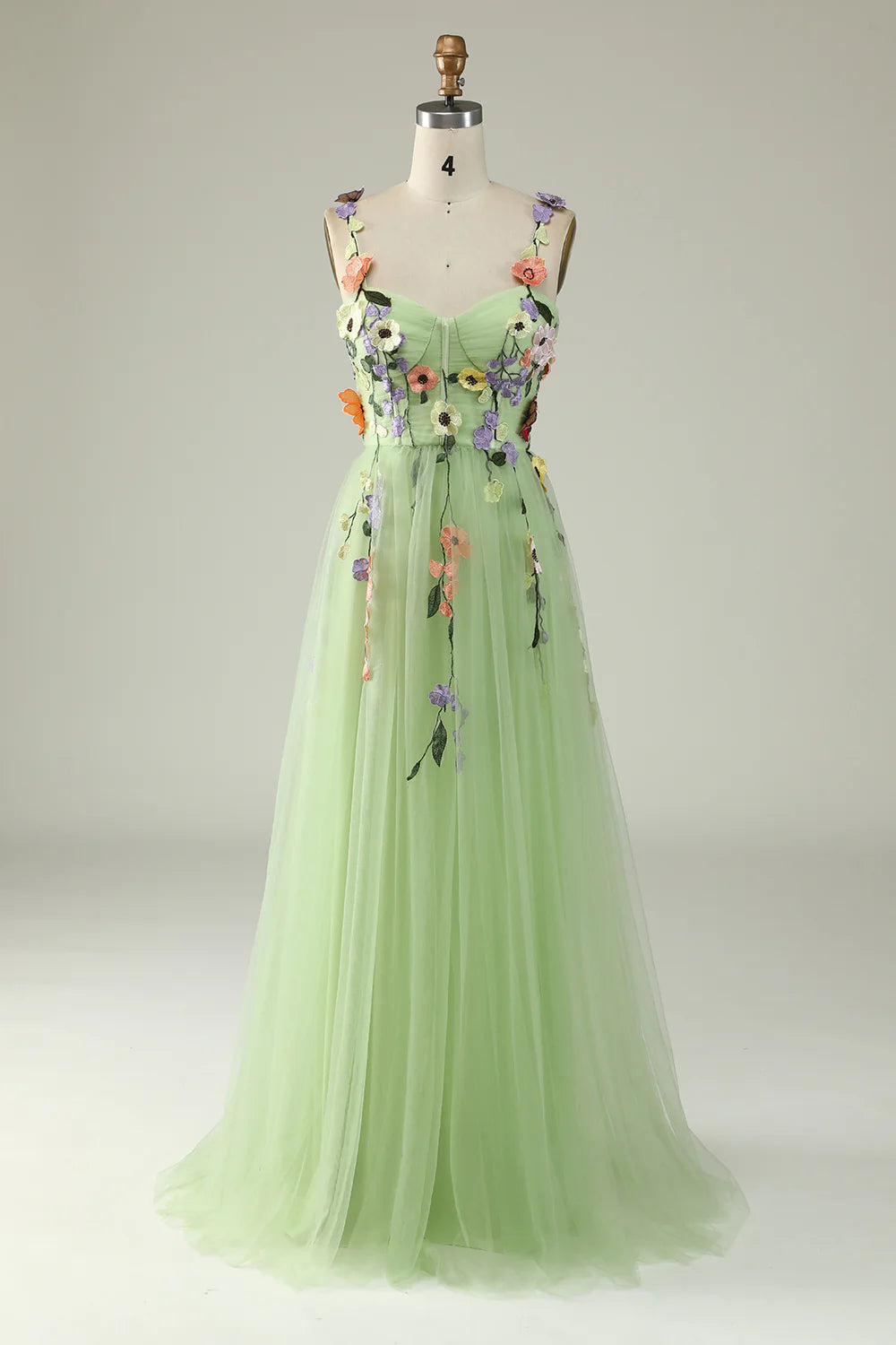 Prom Dress A Line Spaghetti Straps Tulle With 3D Flowers Backless Sweet Formal Wear Dresses