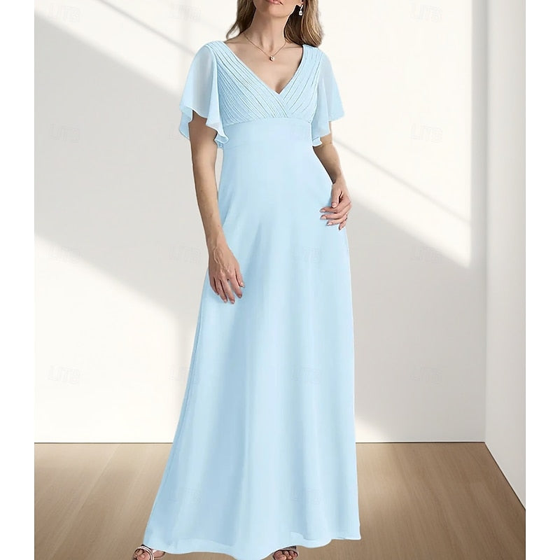 AABEI DRESS Wedding Guest Dress Elegant A-Line V Neck Floor Length Chiffon Short Sleeve with Ruching Simple Mother of the Bride Dress