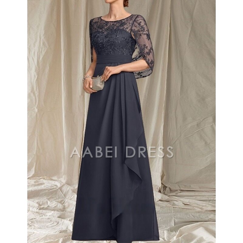 AABEI DRESS Wedding Guest Dress Elegant A-Line Crew Neck Lace Short Sleeve Ruching Floor Length Fashion Mother of the Bride Dress