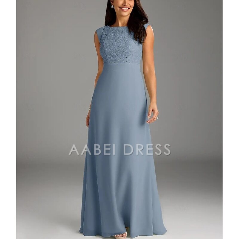 AABEI DRESS Wedding Guest Dress Elegant A-Line Crew Neck Cap Sleeve Floor Length Lace Buttons Simple Mother of the Bride Dress